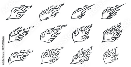 A collection of twelve flame icons in black outline vector style, ideal for tattoo designs and graphic projects