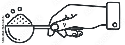 A hand holding a spoonful of sugar in a minimalist black outline vector style, suitable for culinary and baking projects