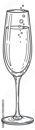 A champagne glass filled with sparkling water and bubbles in minimalist line art vector style, perfect for celebration themes