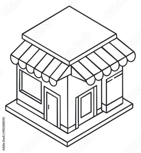 A small retail shop building with awning and windows in minimalist outline vector style, suitable for urban design projects