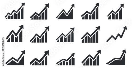 A collection of upward trending graph icons in black and white minimalist vector style, suitable for business analytics and financial presentations