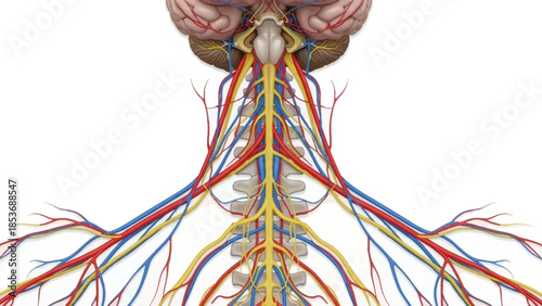 Detailed illustration of human nervous system anatomy focusing on nerves and spinal cord