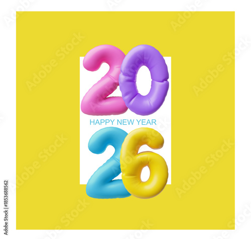A bright 3D poster with multicolored inflated letters 2026 on a yellow background.