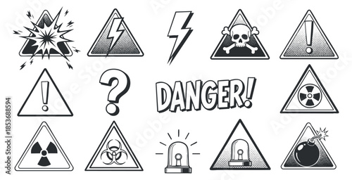 A collection of danger and warning icons including explosions, electricity, skulls, and biohazard symbols in black and white vector style, ideal for safety signage and awareness campaigns
