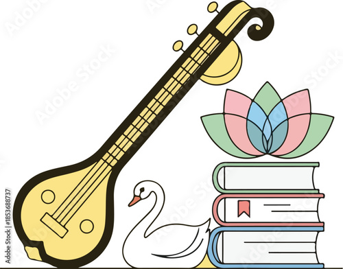 Saraswati Symbols Veena Lotus Swan and Books Vector Illustration for Indian Culture and Education