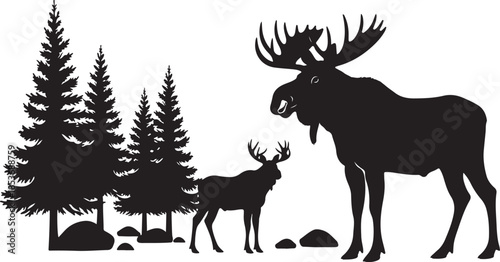 Silhouette of moose and pine trees in a forest setting