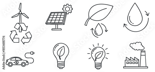 A collection of eco-friendly and renewable energy icons in outline vector style, suitable for environmental projects and educational materials