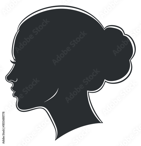 A silhouette profile of a woman with a bun hairstyle in minimalist vector style, suitable for fashion and beauty branding