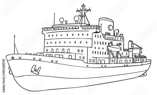 An outline illustration of a ship with various features in minimalist vector style, suitable for maritime design projects