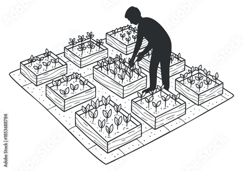 A gardener tending to raised vegetable beds in a black and white outline vector style, ideal for gardening and landscaping projects