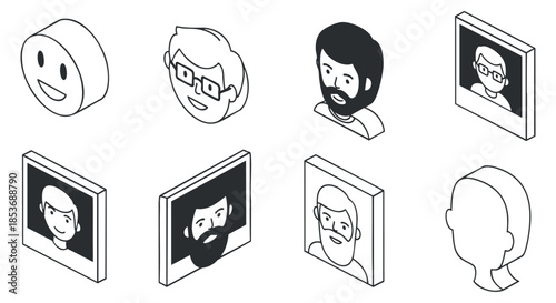 A set of diverse character icons featuring emoticons and portraits in black and white minimalist vector style, perfect for digital applications and branding