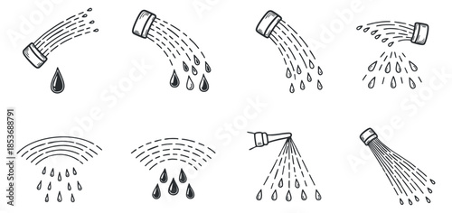 A collection of hand-drawn water droplet illustrations in black and white minimalist vector style, suitable for culinary designs and branding