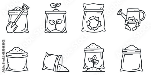 A collection of gardening and plant growth icons including bags of soil, a shovel, and a watering can in minimalist line art style, suitable for eco-friendly projects and gardening themes