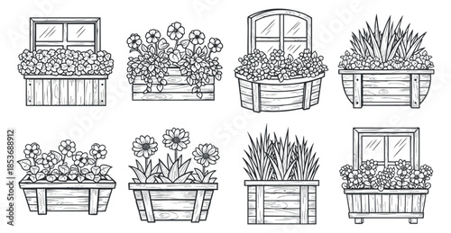A collection of eight decorative flower planters with various plants and a window in black and white outline style, perfect for gardening projects