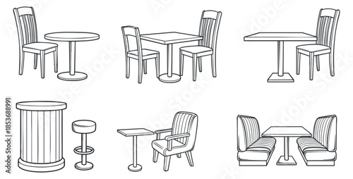 A collection of various dining tables and chairs in minimalist outline vector style, ideal for restaurant interior design