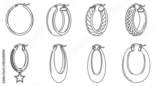 A collection of various hoop earrings in black and white line art vector style, perfect for fashion design and accessory branding