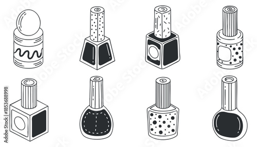 A set of eight nail polish bottles in black and white outline vector style, perfect for beauty and fashion projects