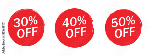 Eye catching red discount stickers icon set vector. Round discount label for sales offering 30%, 40%, and 50% off symbol. vector illustration.