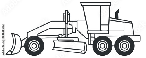A bulldozer illustration in black and white outline vector style, suitable for construction and heavy machinery projects