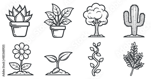 A collection of various plants and flowers in outline vector style, suitable for gardening and nature-themed designs