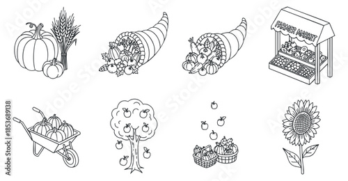 A collection of harvest-themed illustrations including pumpkins, cornucopias, trees, and sunflowers in black and white outline vector style, perfect for autumn-themed designs