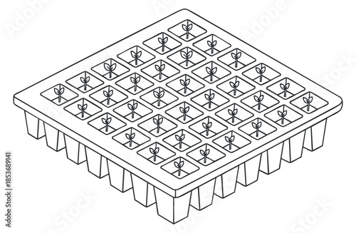 A seedling tray with multiple planting cells in a minimalist black and white vector style, ideal for gardening and agriculture projects