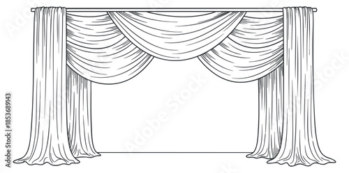 A pair of elegant stage curtains draped in a black and white outline vector style, suitable for theater designs and event decorations