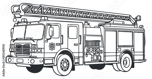 A fire truck with a ladder in black and white outline vector style, ideal for emergency service graphics
