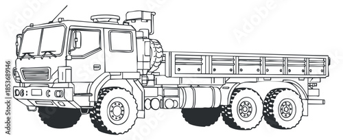 A detailed outline illustration of a heavy-duty truck in black and white vector style, suitable for automotive design projects
