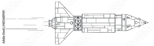 A detailed rocket illustration in minimalist line art vector style, suitable for technology and aerospace projects