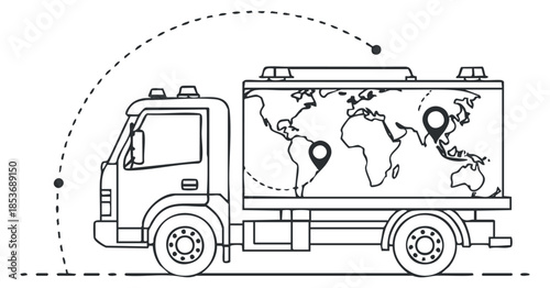 A delivery truck with a world map and location markers in outline vector style, suitable for logistics and transportation design