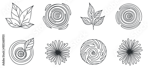 A collection of abstract leaf and swirl designs in minimalist outline vector style, perfect for nature-themed branding and creative projects