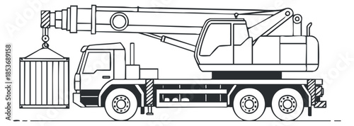 A crane truck lifting a container in black and white outline vector style, suitable for construction and logistics design