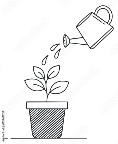 A watering can pouring water onto a sprouting plant in a pot in minimalist line art vector style, ideal for gardening and nature themes