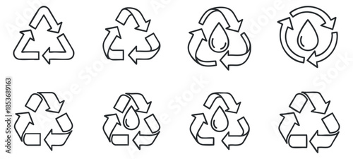 A set of recycling and sustainability icons in minimalist outline vector style, suitable for environmental awareness projects