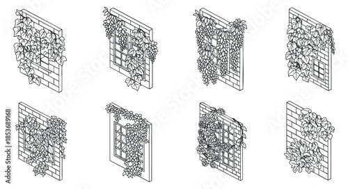 A collection of eight isometric window designs adorned with floral and leafy decorations in minimalist black and white vector style, ideal for interior design projects