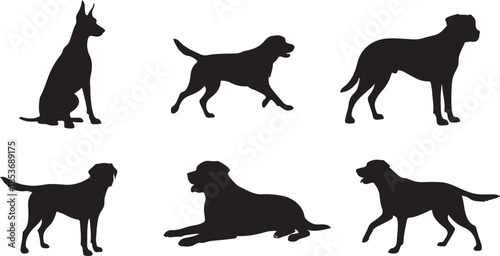 Six Dog Silhouettes in Different Poses animal canine