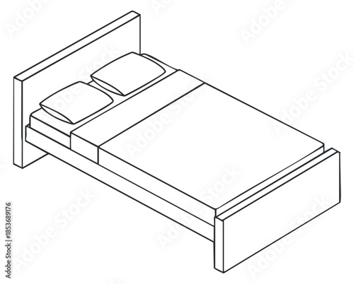 A minimalist outline illustration of a double bed with pillows and a mattress in a modern vector style, ideal for interior design projects