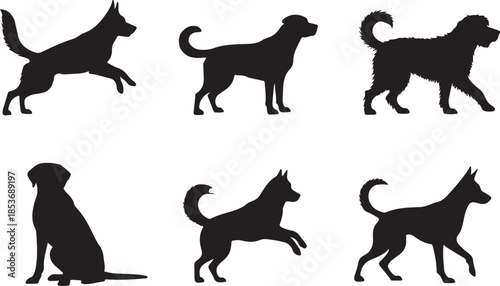 Six dog silhouettes in various action poses Keywords: silhouette, dog, canine, animal, pet