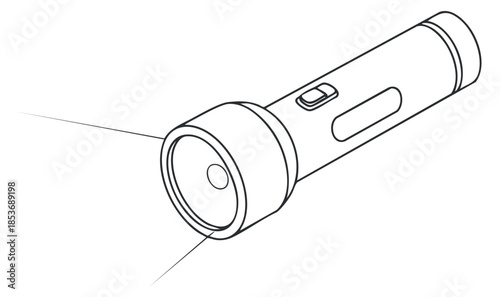 A flashlight with a focused beam in minimalist outline vector style, suitable for outdoor and safety applications
