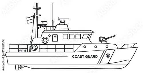 A coast guard vessel illustrated in clean black and white outline style, suitable for maritime safety designs