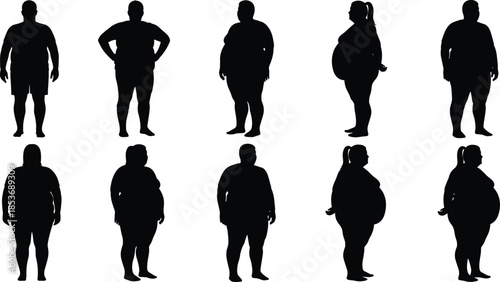 Set of overweight and obese people silhouettes standing in various poses isolated on white background, CAD drawing flat vector illustration