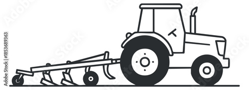A tractor with a plow attachment in a simple black and white outline vector style, ideal for agricultural design projects