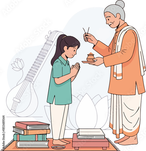 Indian Girl Receives Blessings for Education Arts and Wisdom from Guru during Saraswati Puja Celebration