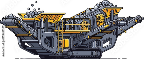 Isometric Illustration of Mobile Rock Crusher Machine for Quarry and Construction