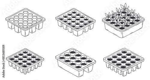 A collection of seed trays and planters in black and white outline vector style, ideal for gardening and horticulture projects