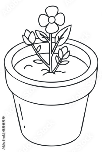 A potted flower with buds and leaves in minimalist outline vector style, ideal for gardening and nature-themed projects