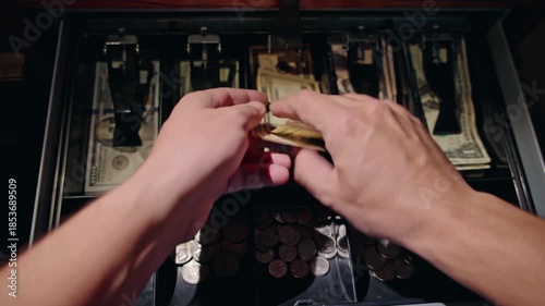 Retail checkout scene showing cashier counting US dollars and placing banknotes into cash drawer while returning change to customer, close up view of American cash handling during in store purchase