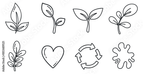 A collection of hand-drawn outline leaf and plant icons in minimalist vector style, ideal for eco-friendly designs and environmental themes