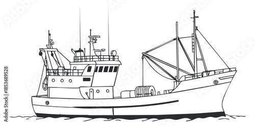 A fishing boat depicted in a detailed black and white outline vector style, suitable for maritime themes and illustrations